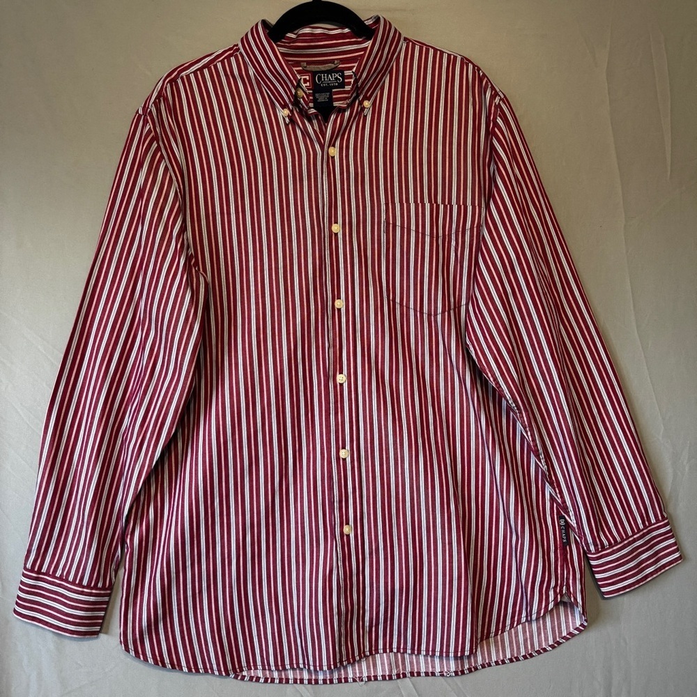 Chaps Mens Striped Button Up Dress Shirt Size Large Red Office Preppy Career